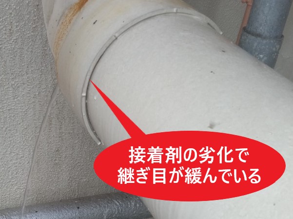 配管　接着剤が劣化し継ぎ目に緩みが発生